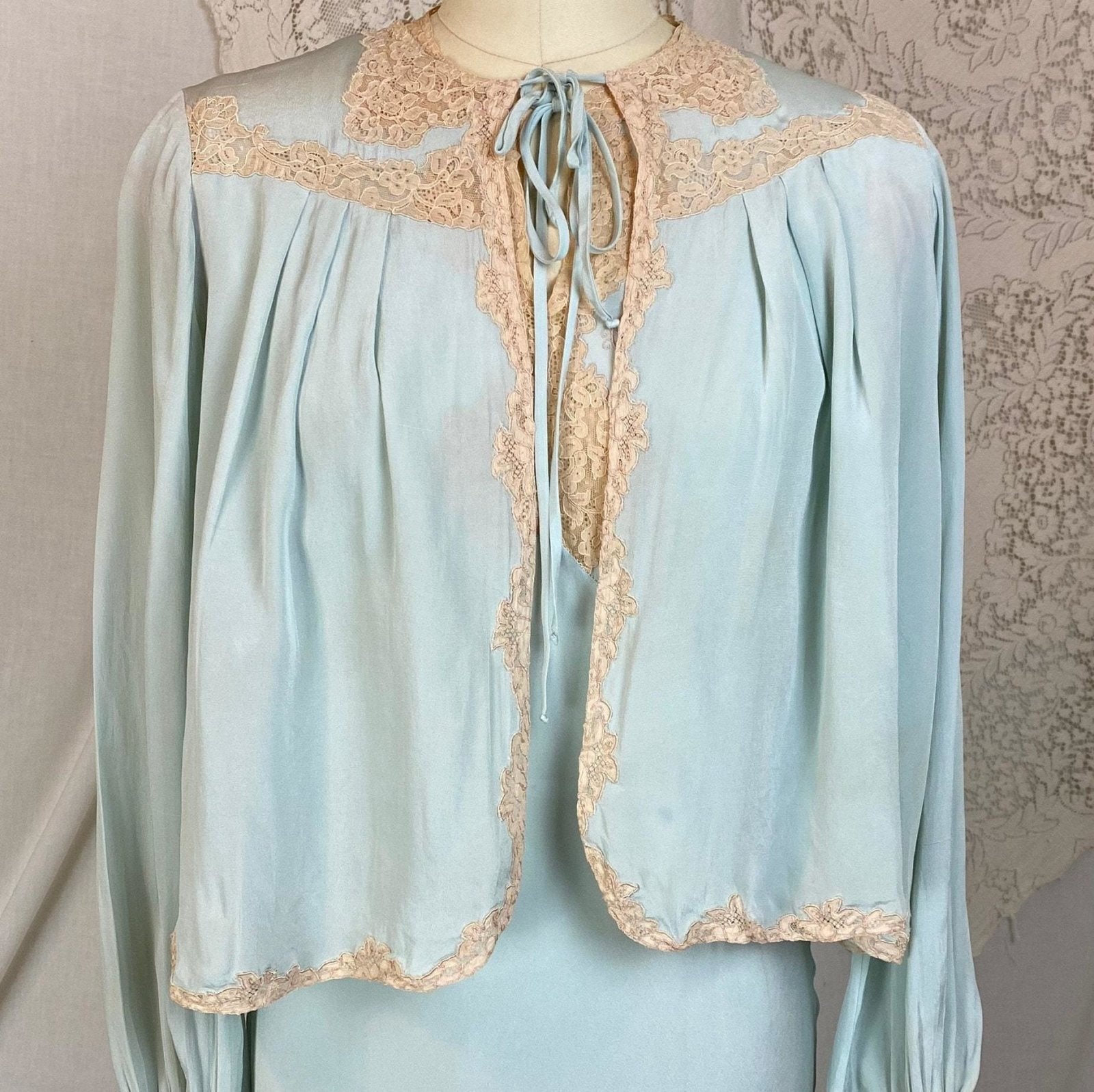 Vintage 1940's Nightgown & Bed Jacket Set | Icy Blue Silk with Pale Nude Floral Lace | Size XS - Daggers & Dames