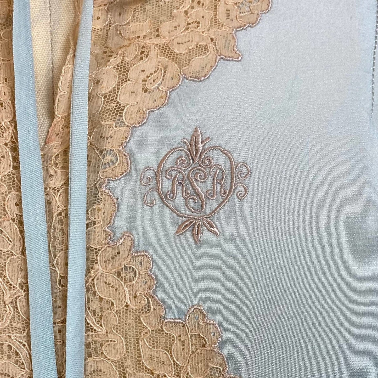 Vintage 1940's Nightgown & Bed Jacket Set | Icy Blue Silk with Pale Nude Floral Lace | Size XS - Daggers & Dames