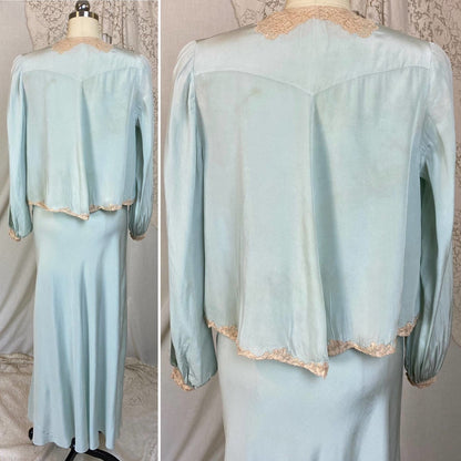 Vintage 1940's Nightgown & Bed Jacket Set | Icy Blue Silk with Pale Nude Floral Lace | Size XS - Daggers & Dames