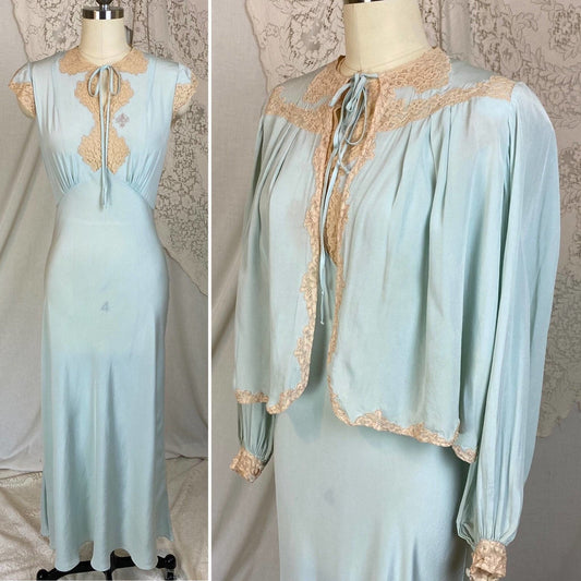 Vintage 1940's Nightgown & Bed Jacket Set | Icy Blue Silk with Pale Nude Floral Lace | Size XS - Daggers & Dames