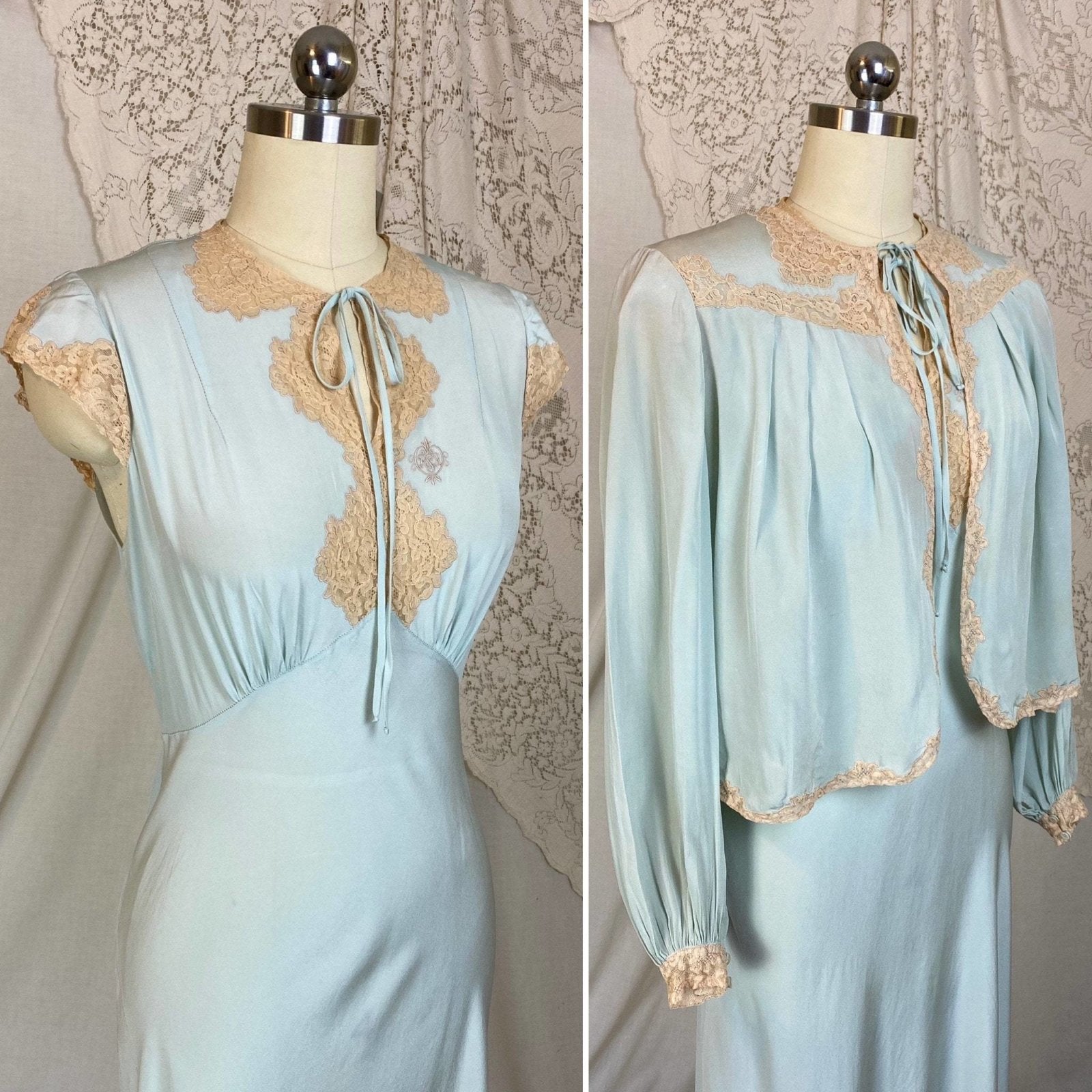 Vintage 1940's Nightgown & Bed Jacket Set | Icy Blue Silk with Pale Nude Floral Lace | Size XS - Daggers & Dames