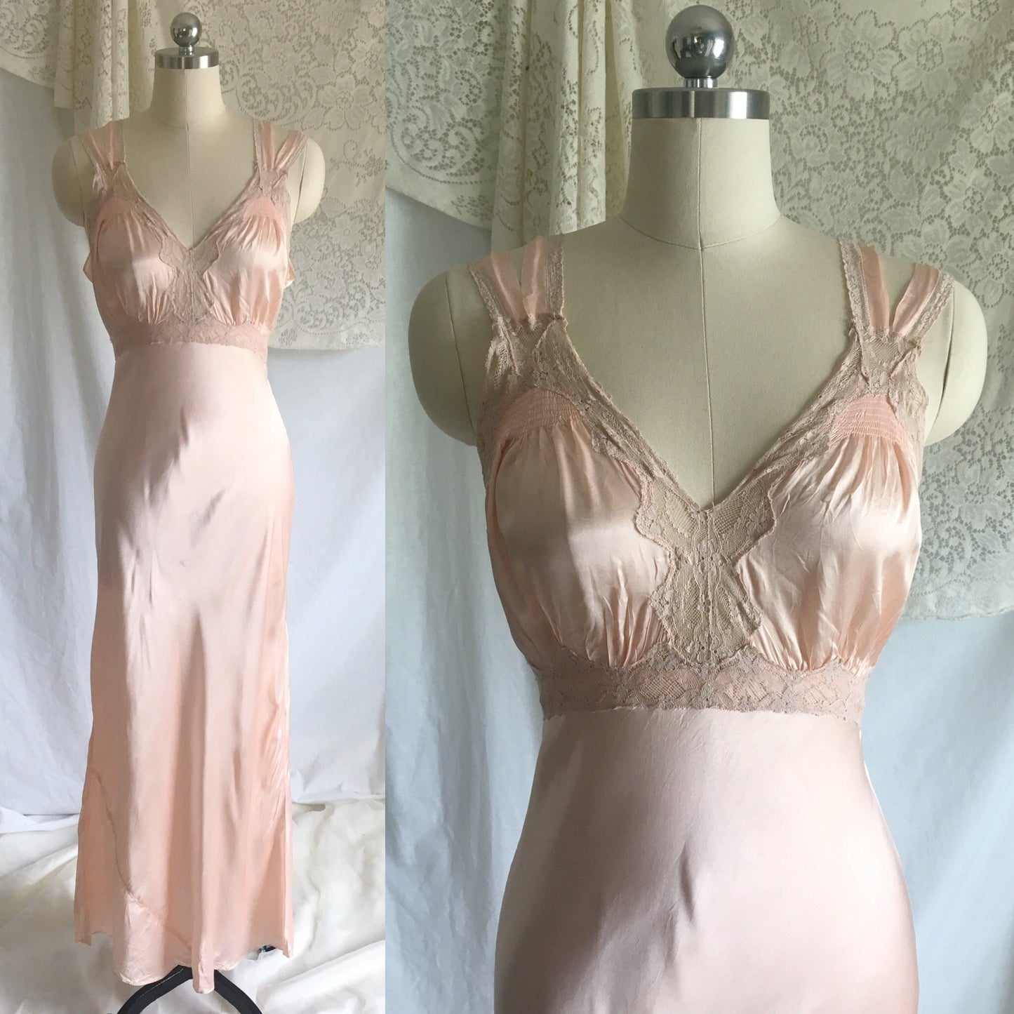 Vintage 1940's Nightgown | Blush Pink Rayon Satin with Nude Lace & Bias Cut | Size S - Daggers & Dames