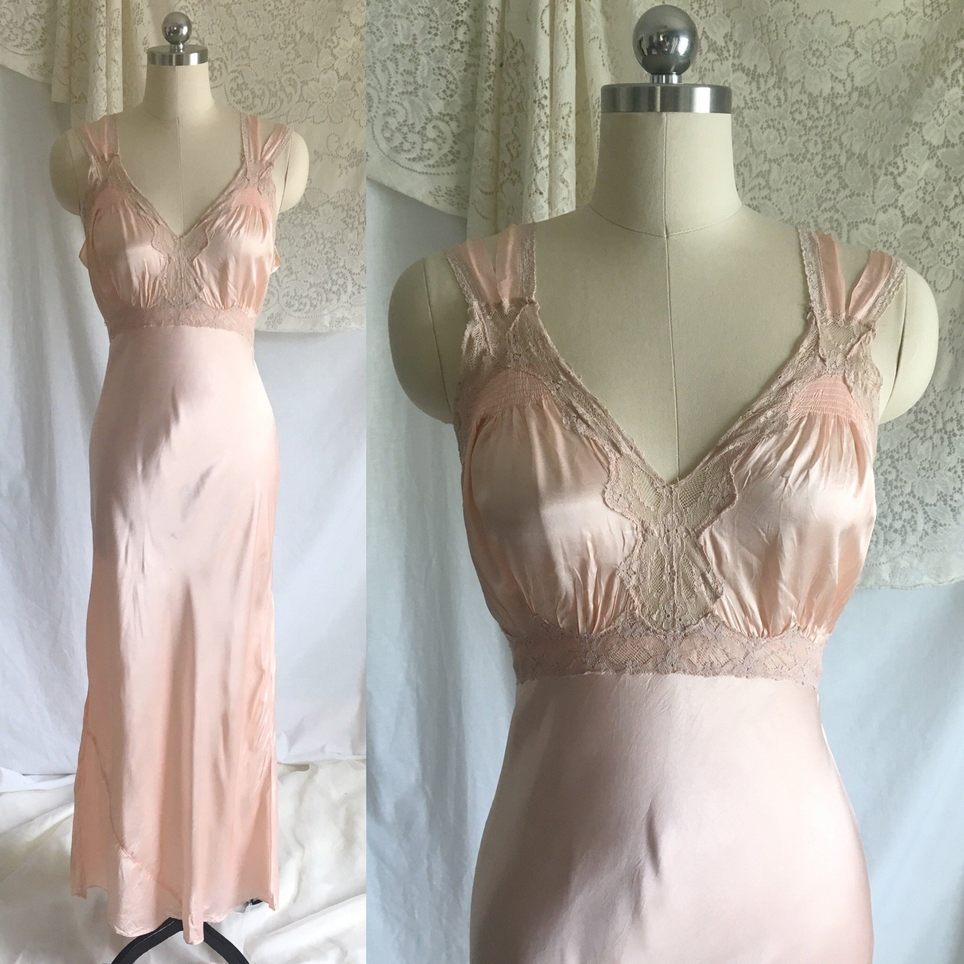 Vintage 1940's Nightgown | Blush Pink Rayon Satin with Nude Lace & Bias Cut | Size S - Daggers & Dames