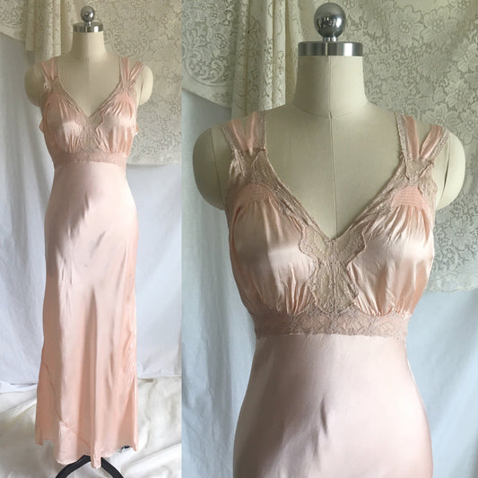 Vintage 1940's Nightgown | Blush Pink Rayon Satin with Nude Lace & Bias Cut | Size S - Daggers & Dames