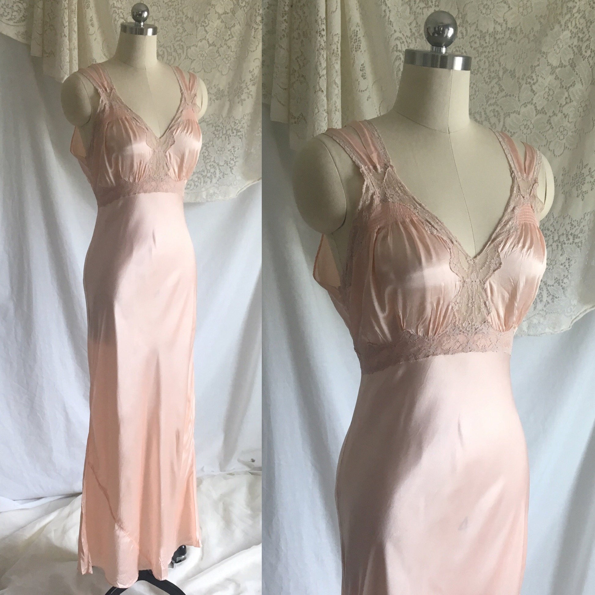 Vintage 1940's Nightgown | Blush Pink Rayon Satin with Nude Lace & Bias Cut | Size S - Daggers & Dames