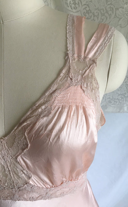 Vintage 1940's Nightgown | Blush Pink Rayon Satin with Nude Lace & Bias Cut | Size S - Daggers & Dames