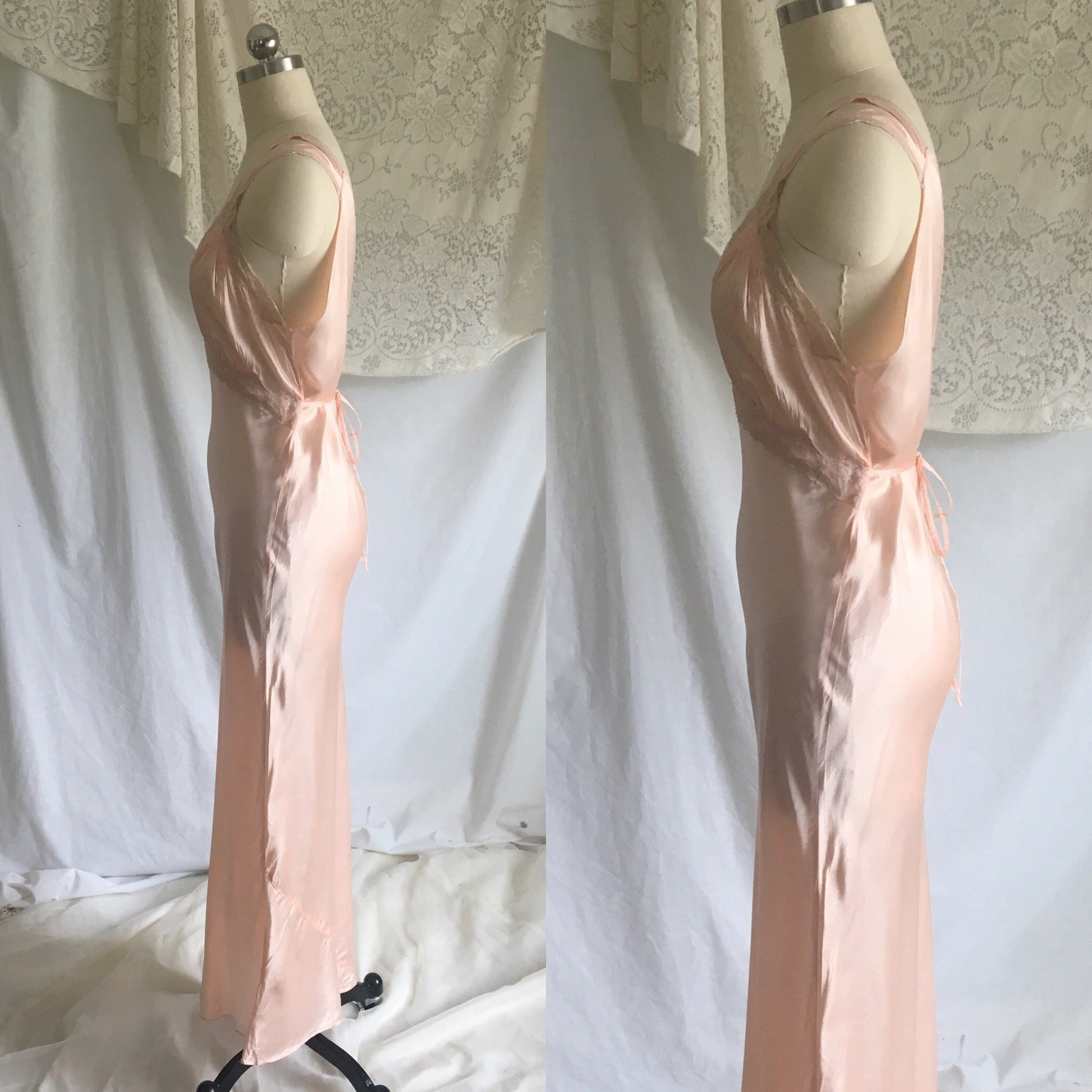 Vintage 1940's Nightgown | Blush Pink Rayon Satin with Nude Lace & Bias Cut | Size S - Daggers & Dames