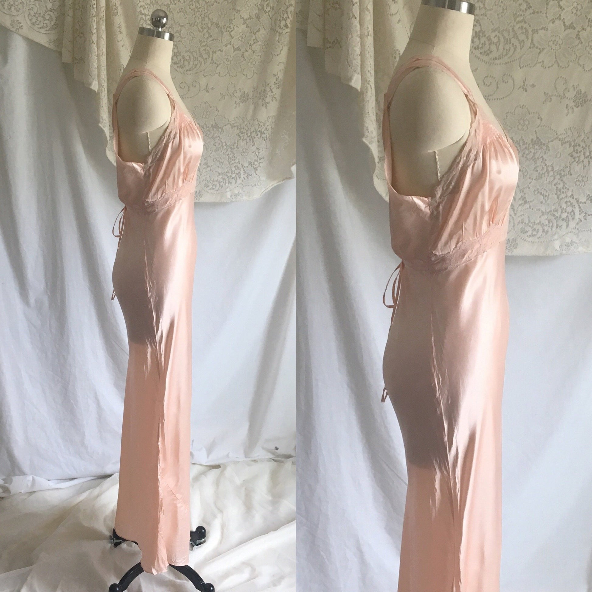 Vintage 1940's Nightgown | Blush Pink Rayon Satin with Nude Lace & Bias Cut | Size S - Daggers & Dames