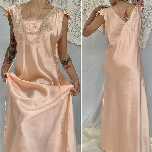 Vintage 1940's Nightgown | Blush Pink Rayon Satin with Nude Lace | Size XXL | NOS -Never Worn - Daggers & Dames