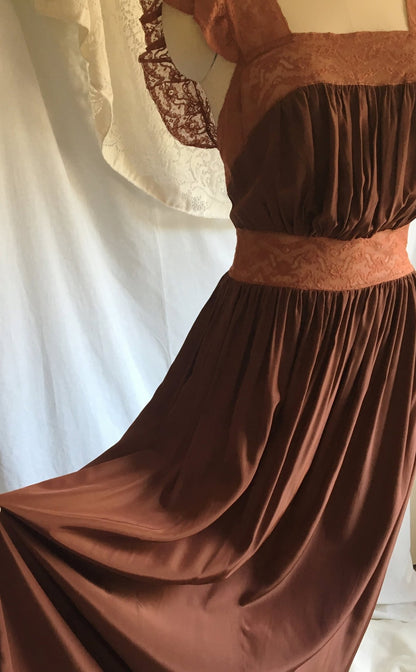Vintage 1940's Nightgown | Brown Rayon with Bronze Sheen Finish & Chantilly Lace | Size XS - Daggers & Dames