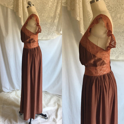 Vintage 1940's Nightgown | Brown Rayon with Bronze Sheen Finish & Chantilly Lace | Size XS - Daggers & Dames