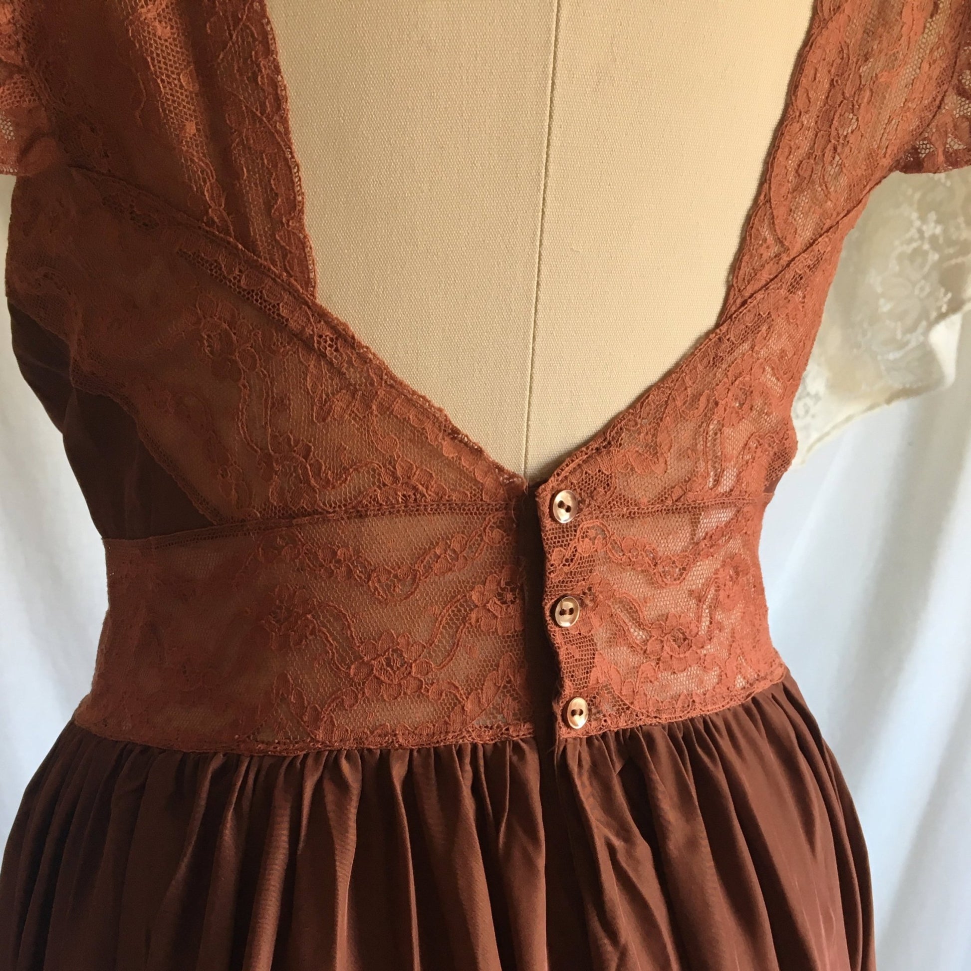 Vintage 1940's Nightgown | Brown Rayon with Bronze Sheen Finish & Chantilly Lace | Size XS - Daggers & Dames