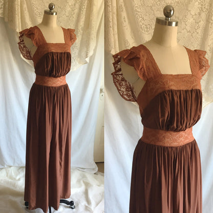 Vintage 1940's Nightgown | Brown Rayon with Bronze Sheen Finish & Chantilly Lace | Size XS - Daggers & Dames