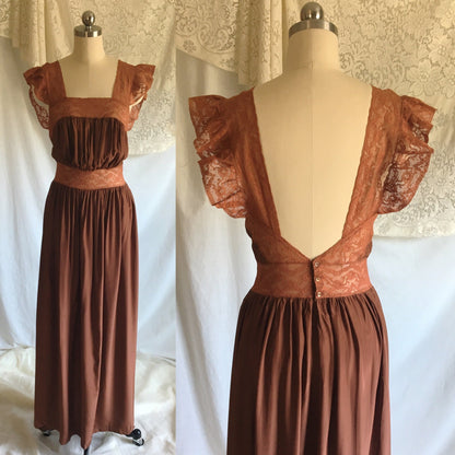 Vintage 1940's Nightgown | Brown Rayon with Bronze Sheen Finish & Chantilly Lace | Size XS - Daggers & Dames