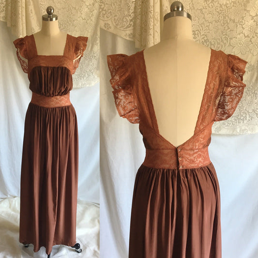 Vintage 1940's Nightgown | Brown Rayon with Bronze Sheen Finish & Chantilly Lace | Size XS - Daggers & Dames
