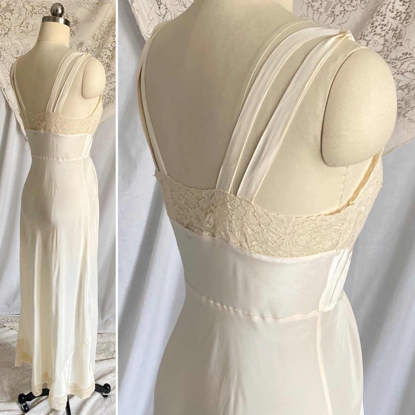 Vintage 1940's Nightgown | Buttercream Cold Rayon with Warm Cotton Lace & Grecian Style Loop Straps | Size XS, S | Malla Kaye - Daggers & Dames