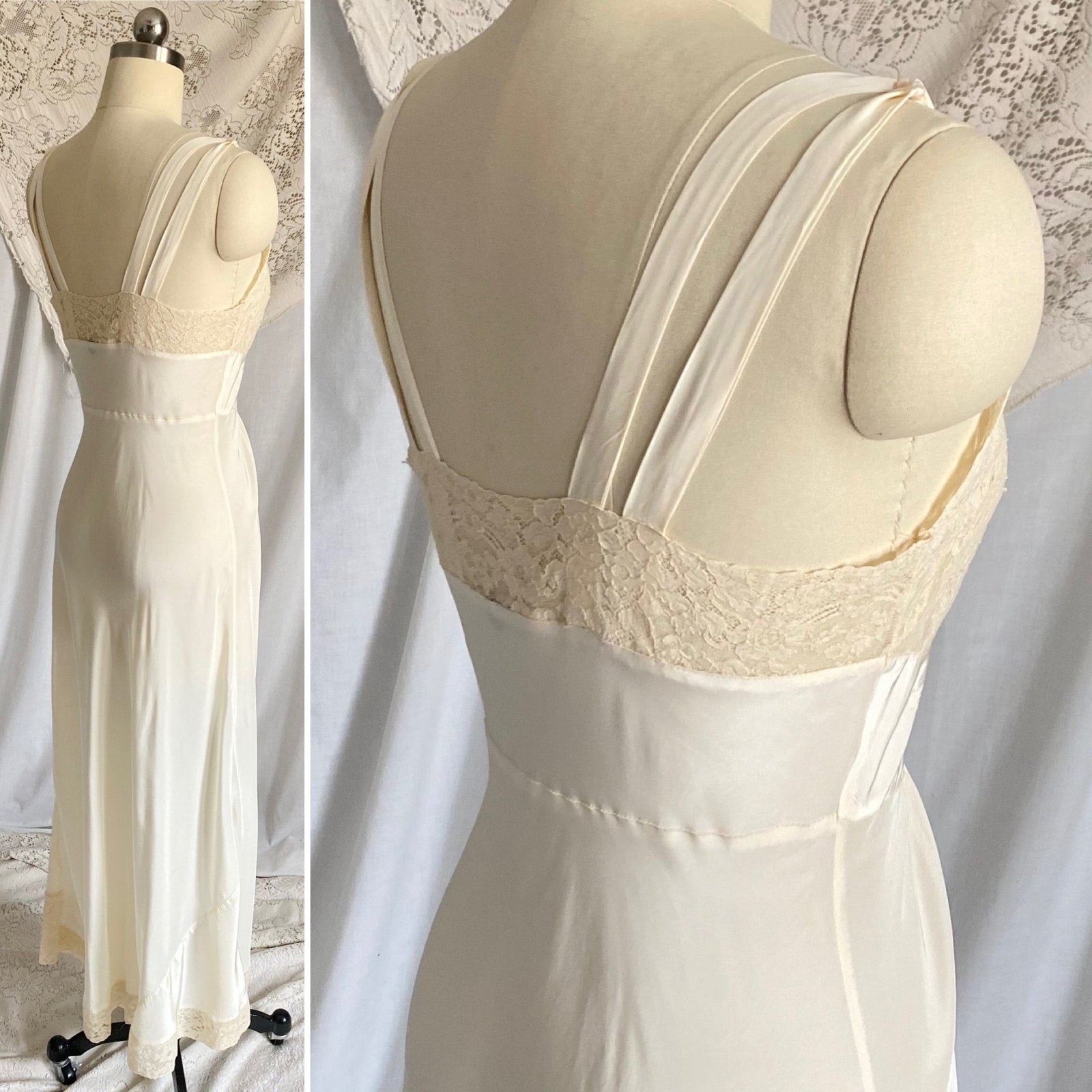Vintage 1940's Nightgown | Buttercream Cold Rayon with Warm Cotton Lace & Grecian Style Loop Straps | Size XS, S | Malla Kaye - Daggers & Dames