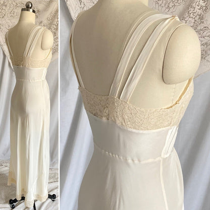 Vintage 1940's Nightgown | Buttercream Cold Rayon with Warm Cotton Lace & Grecian Style Loop Straps | Size XS, S | Malla Kaye - Daggers & Dames