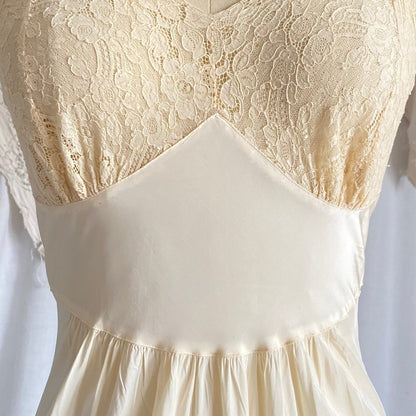 Vintage 1940's Nightgown | Buttercream Cold Rayon with Warm Cotton Lace & Grecian Style Loop Straps | Size XS, S | Malla Kaye - Daggers & Dames