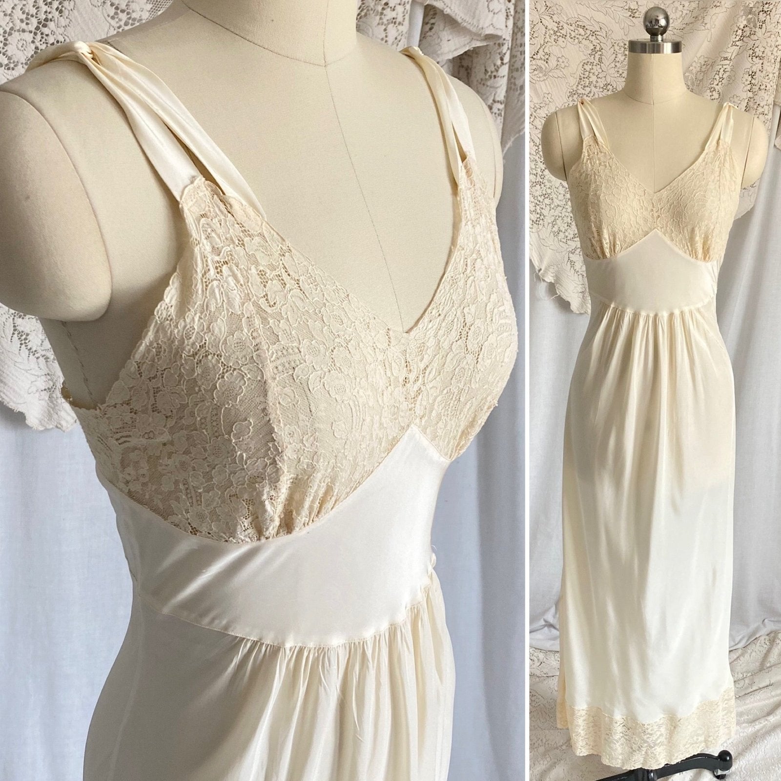 Vintage 1940's Nightgown | Buttercream Cold Rayon with Warm Cotton Lace & Grecian Style Loop Straps | Size XS, S | Malla Kaye - Daggers & Dames