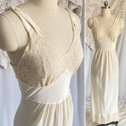 Vintage 1940's Nightgown | Buttercream Cold Rayon with Warm Cotton Lace & Grecian Style Loop Straps | Size XS, S | Malla Kaye - Daggers & Dames