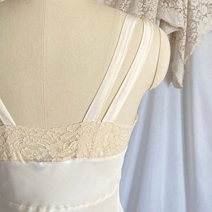Vintage 1940's Nightgown | Buttercream Cold Rayon with Warm Cotton Lace & Grecian Style Loop Straps | Size XS, S | Malla Kaye - Daggers & Dames