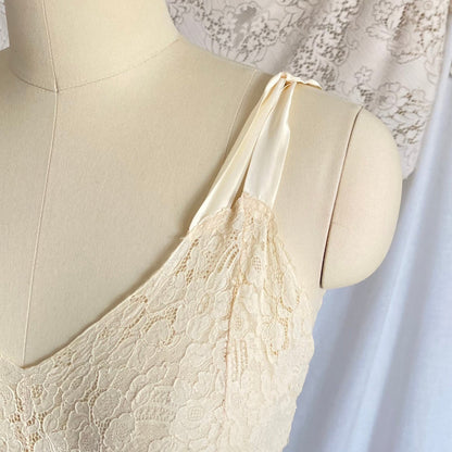 Vintage 1940's Nightgown | Buttercream Cold Rayon with Warm Cotton Lace & Grecian Style Loop Straps | Size XS, S | Malla Kaye - Daggers & Dames
