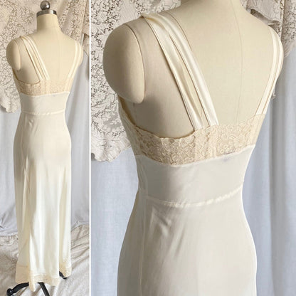 Vintage 1940's Nightgown | Buttercream Cold Rayon with Warm Cotton Lace & Grecian Style Loop Straps | Size XS, S | Malla Kaye - Daggers & Dames