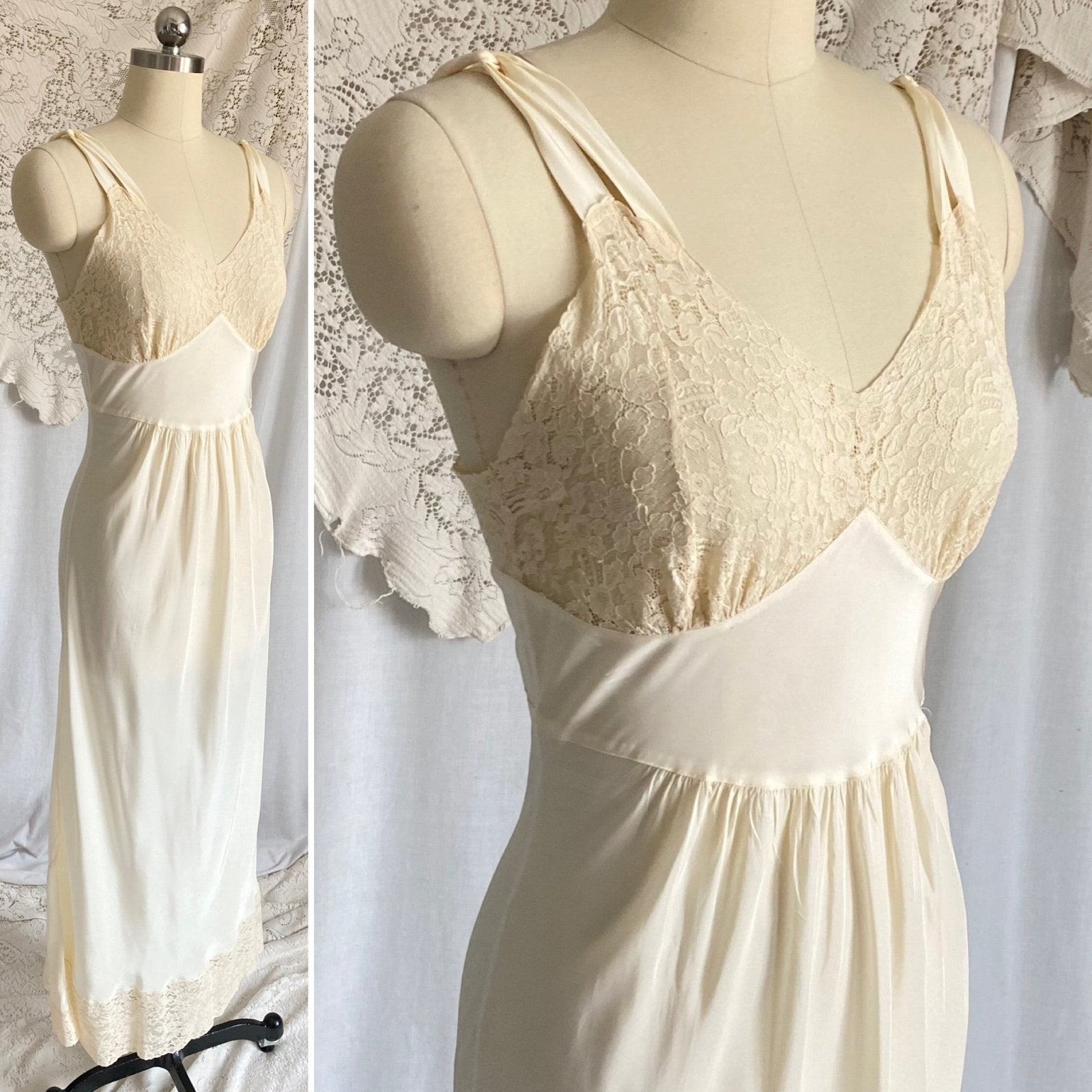 Vintage 1940's Nightgown | Buttercream Cold Rayon with Warm Cotton Lace & Grecian Style Loop Straps | Size XS, S | Malla Kaye - Daggers & Dames