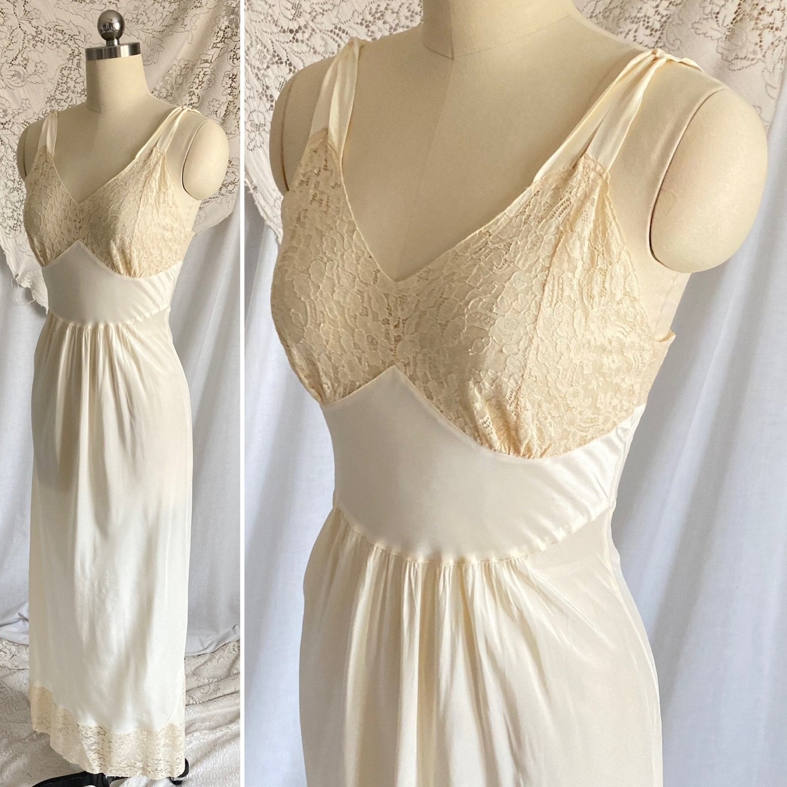 Vintage 1940's Nightgown | Buttercream Cold Rayon with Warm Cotton Lace & Grecian Style Loop Straps | Size XS, S | Malla Kaye - Daggers & Dames