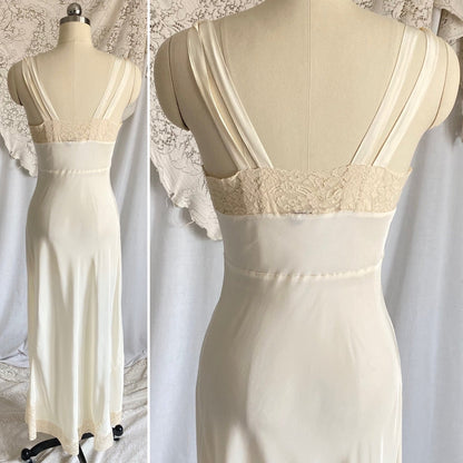 Vintage 1940's Nightgown | Buttercream Cold Rayon with Warm Cotton Lace & Grecian Style Loop Straps | Size XS, S | Malla Kaye - Daggers & Dames