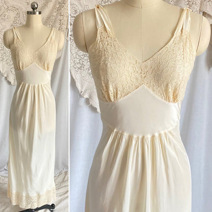 Vintage 1940's Nightgown | Buttercream Cold Rayon with Warm Cotton Lace & Grecian Style Loop Straps | Size XS, S | Malla Kaye - Daggers & Dames