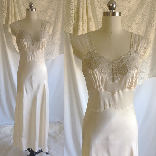 Vintage 1940's Nightgown | Buttercream White Rayon Satin with Embroidered Chiffon | Size S, MED - Daggers & Dames