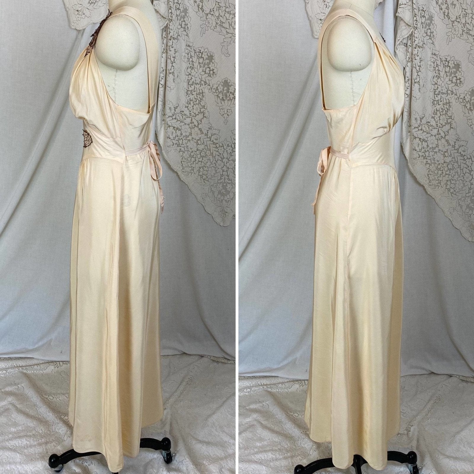 Vintage 1940's Nightgown | Buttermilk Cream Rayon with Embroidered Leaf Appliques | Size XS | Artemis - Daggers & Dames