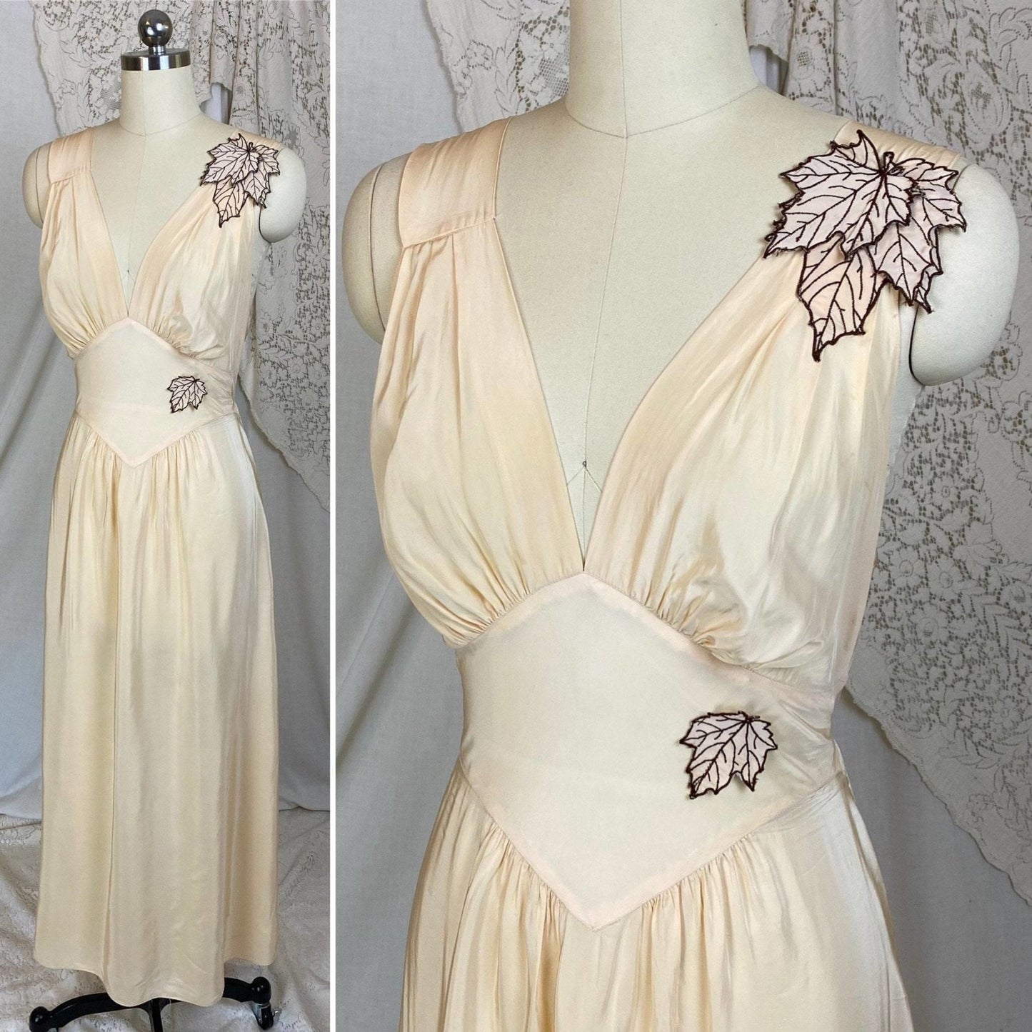 Vintage 1940's Nightgown | Buttermilk Cream Rayon with Embroidered Leaf Appliques | Size XS | Artemis - Daggers & Dames