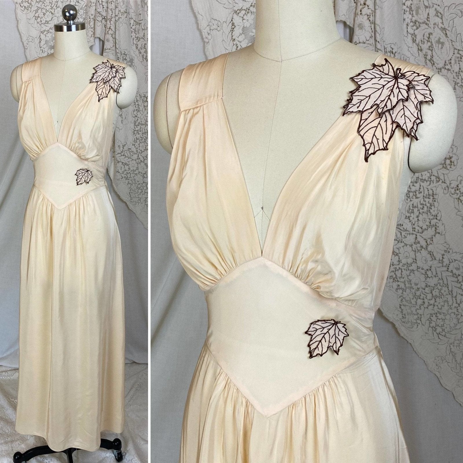 Vintage 1940's Nightgown | Buttermilk Cream Rayon with Embroidered Leaf Appliques | Size XS | Artemis - Daggers & Dames