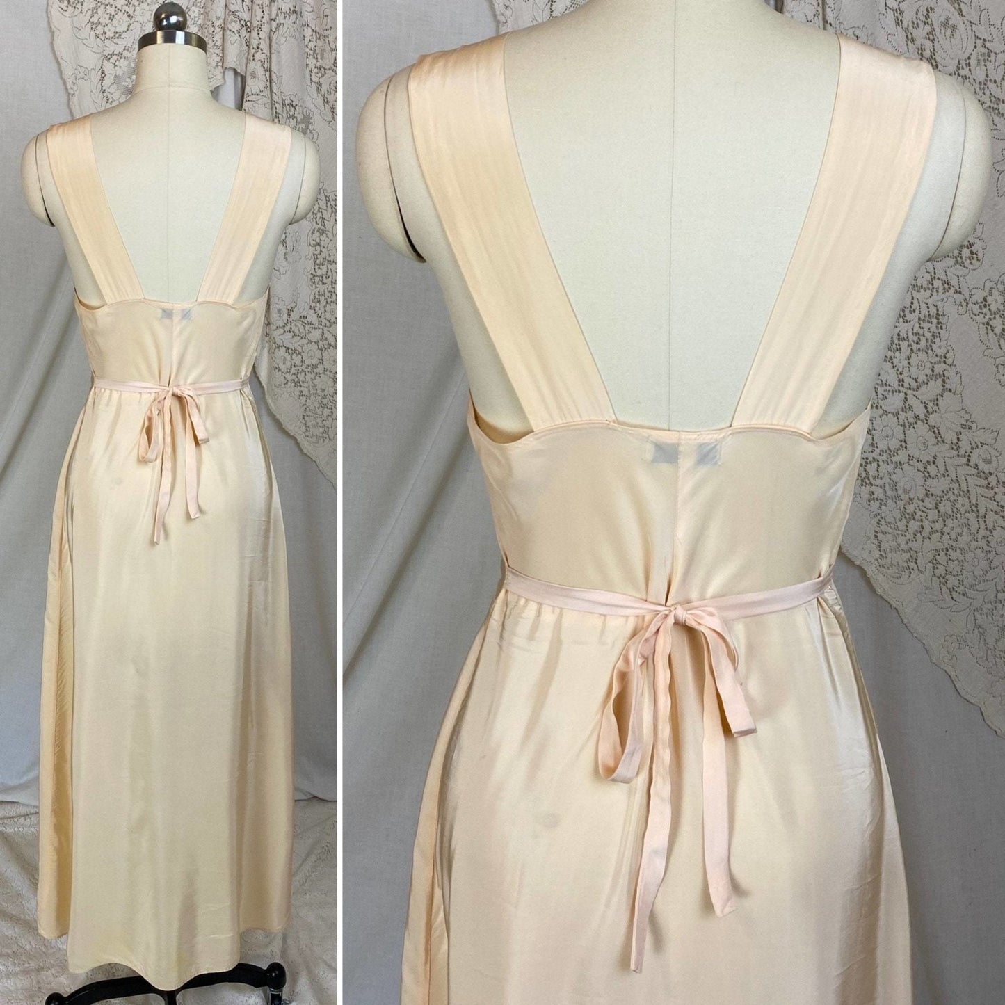 Vintage 1940's Nightgown | Buttermilk Cream Rayon with Embroidered Leaf Appliques | Size XS | Artemis - Daggers & Dames