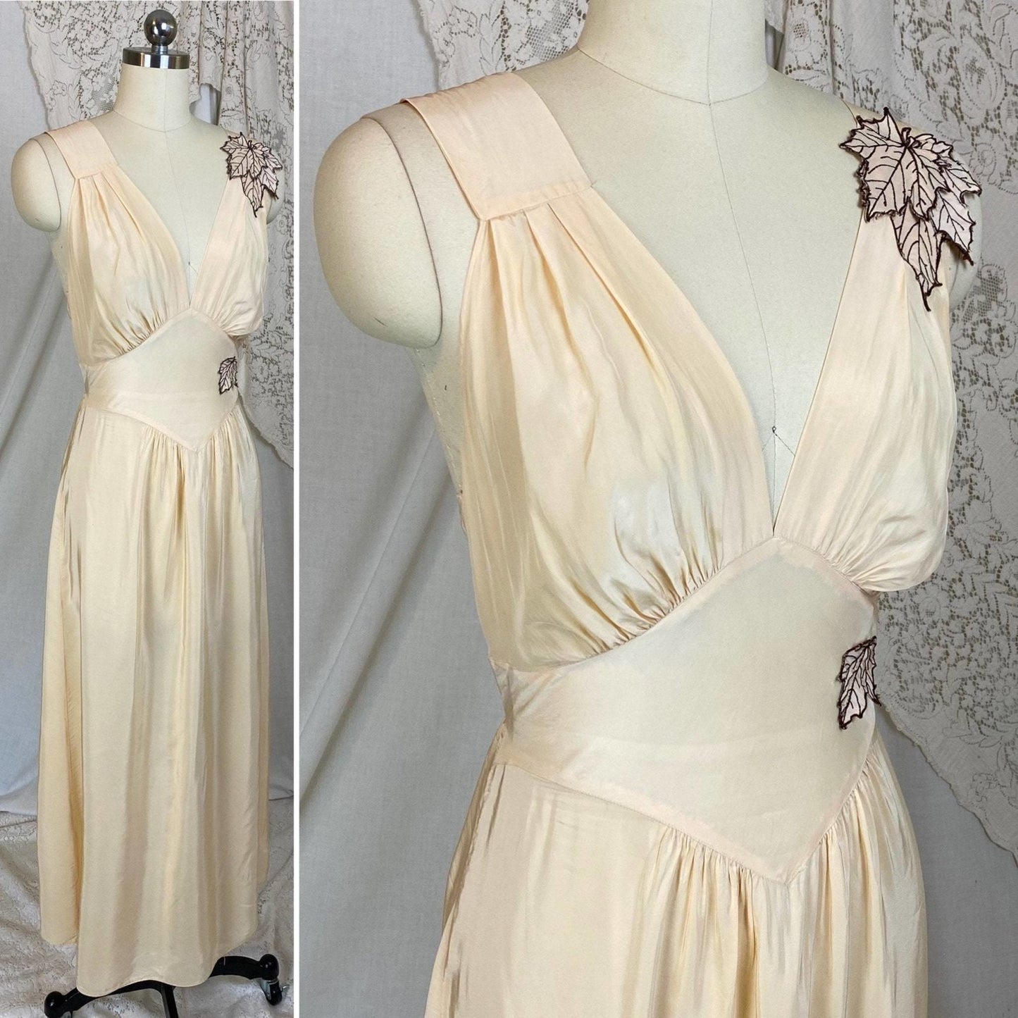 Vintage 1940's Nightgown | Buttermilk Cream Rayon with Embroidered Leaf Appliques | Size XS | Artemis - Daggers & Dames