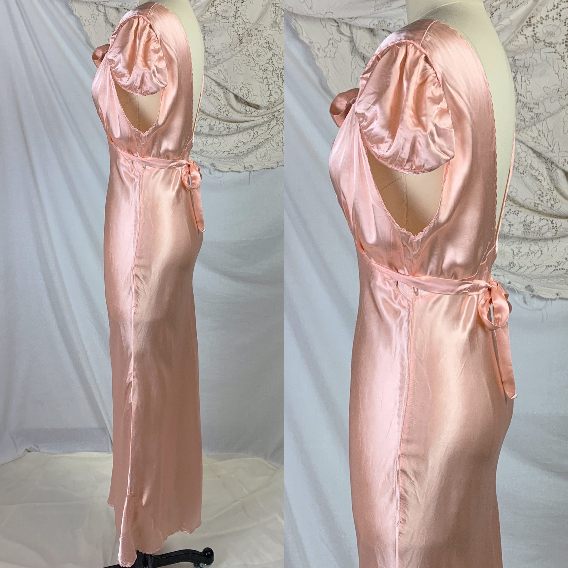 Vintage 1940's Nightgown | Deep Blush Pink Rayon Satin with Cap Sleeves & Scalloped Edges | Size MED - Daggers & Dames