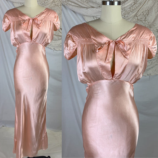 Vintage 1940's Nightgown | Deep Blush Pink Rayon Satin with Cap Sleeves & Scalloped Edges | Size MED - Daggers & Dames