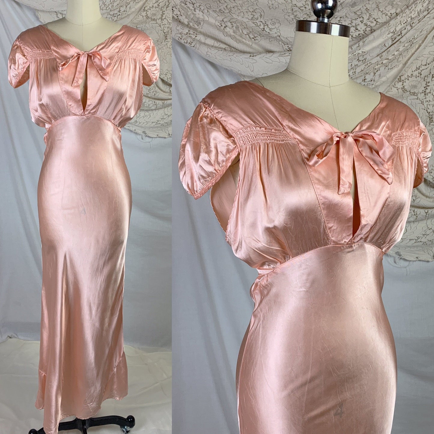 Vintage 1940's Nightgown | Deep Blush Pink Rayon Satin with Cap Sleeves & Scalloped Edges | Size MED - Daggers & Dames