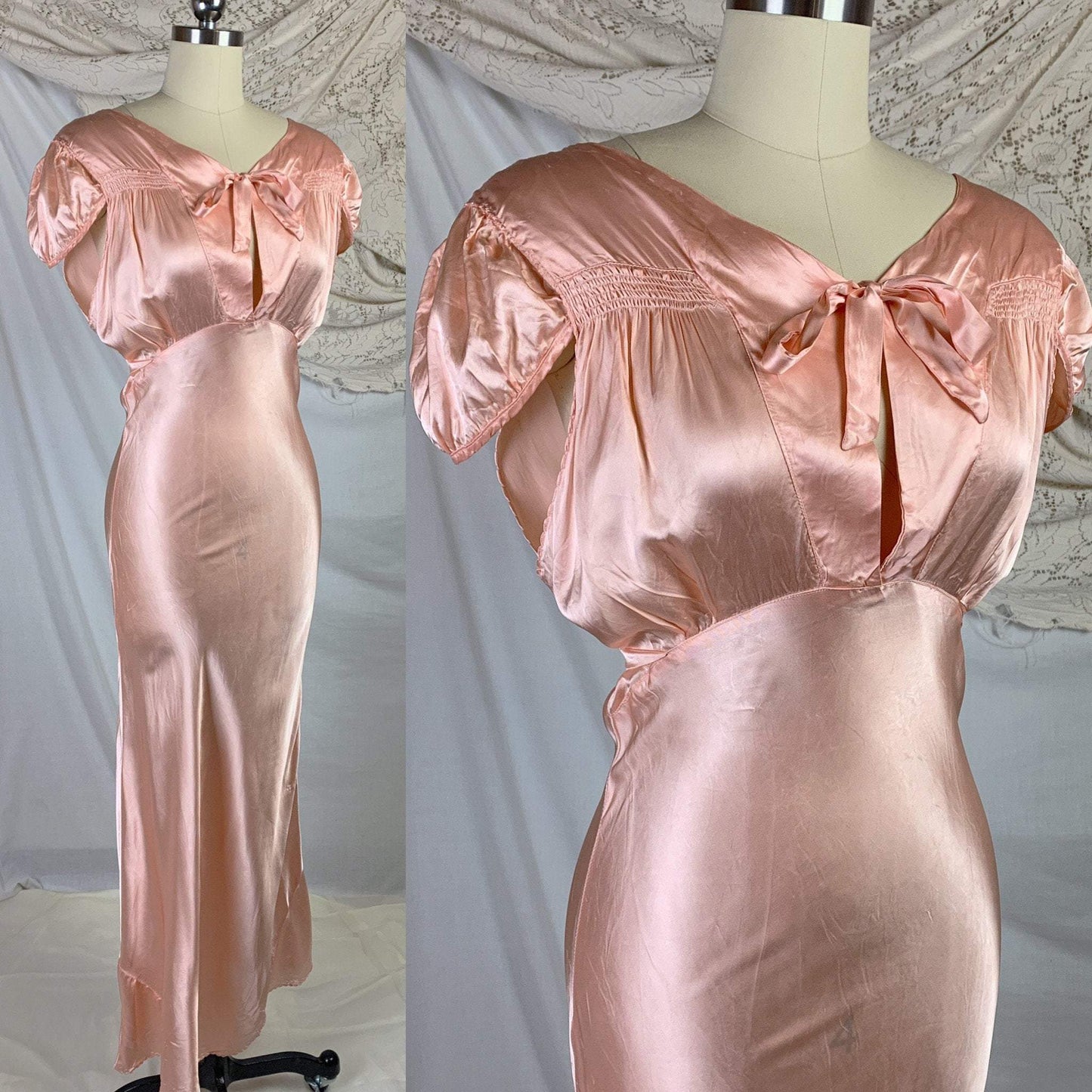 Vintage 1940's Nightgown | Deep Blush Pink Rayon Satin with Cap Sleeves & Scalloped Edges | Size MED - Daggers & Dames
