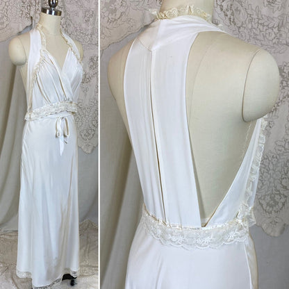 Vintage 1940's Nightgown | Hand Stitched Creamy White Rayon with Embroidered Tulle & Open Back | Size XS - Daggers & Dames