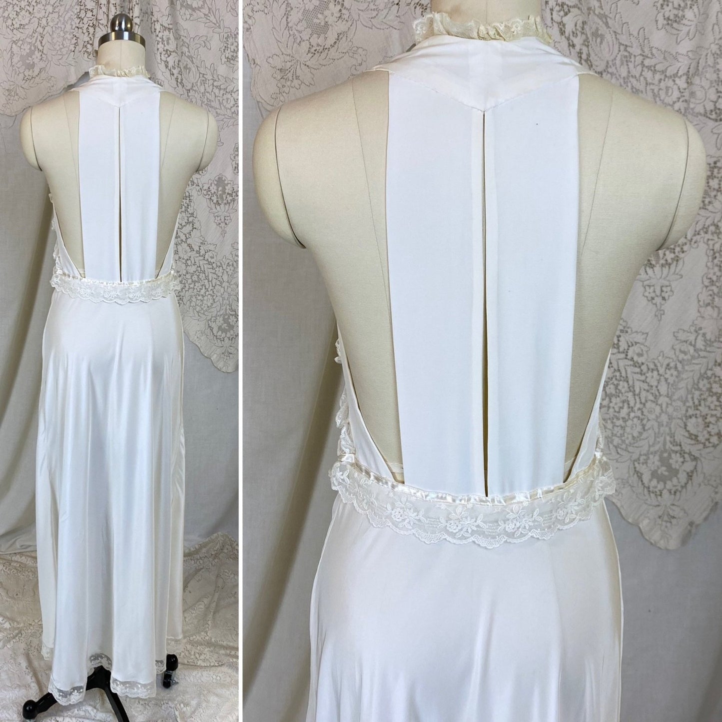 Vintage 1940's Nightgown | Hand Stitched Creamy White Rayon with Embroidered Tulle & Open Back | Size XS - Daggers & Dames