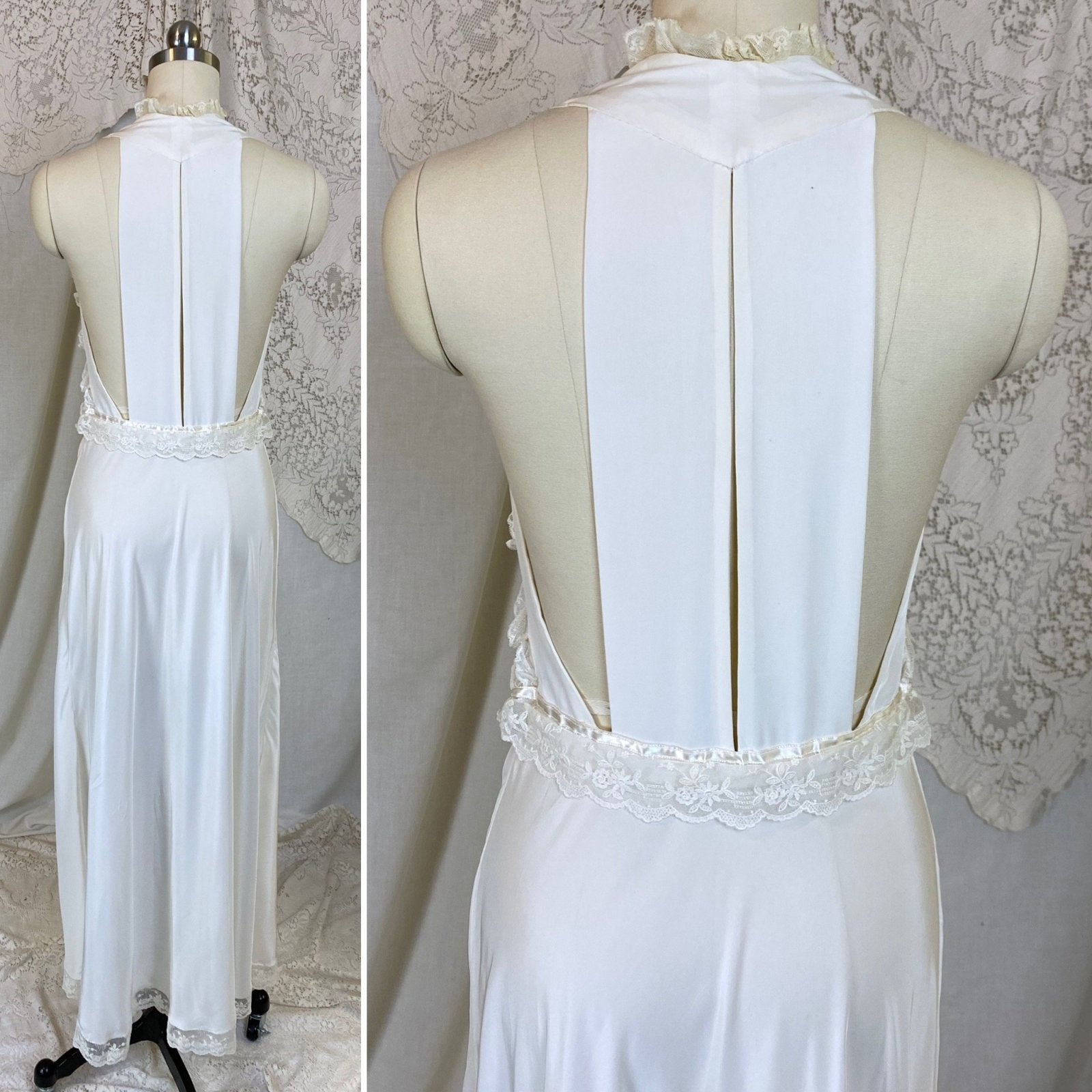 Vintage 1940's Nightgown | Hand Stitched Creamy White Rayon with Embroidered Tulle & Open Back | Size XS - Daggers & Dames