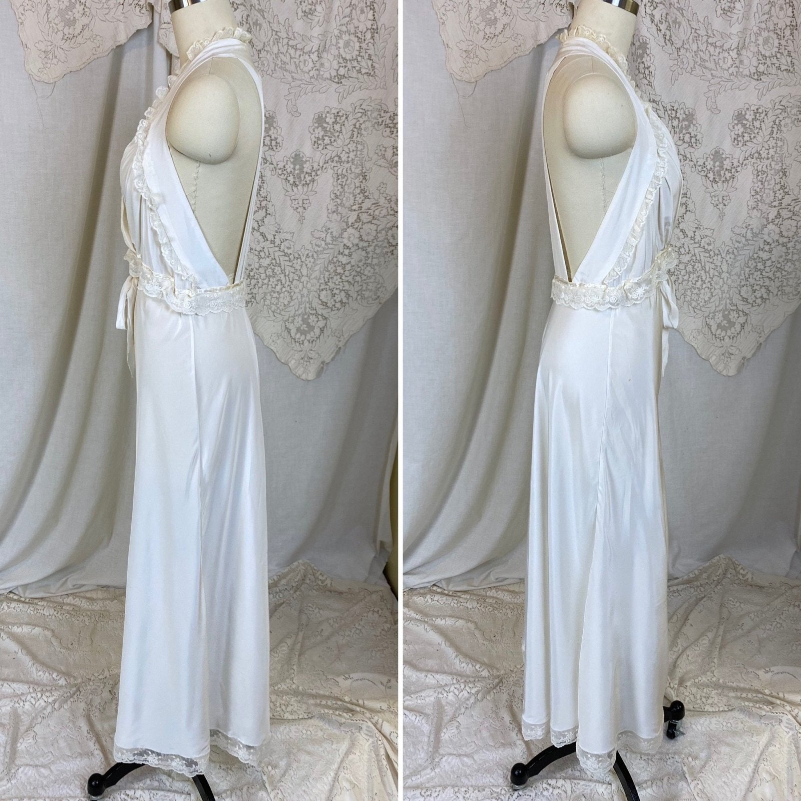 Vintage 1940's Nightgown | Hand Stitched Creamy White Rayon with Embroidered Tulle & Open Back | Size XS - Daggers & Dames