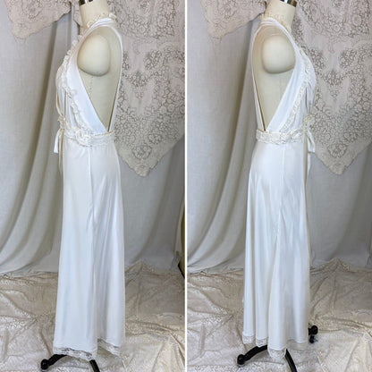 Vintage 1940's Nightgown | Hand Stitched Creamy White Rayon with Embroidered Tulle & Open Back | Size XS - Daggers & Dames