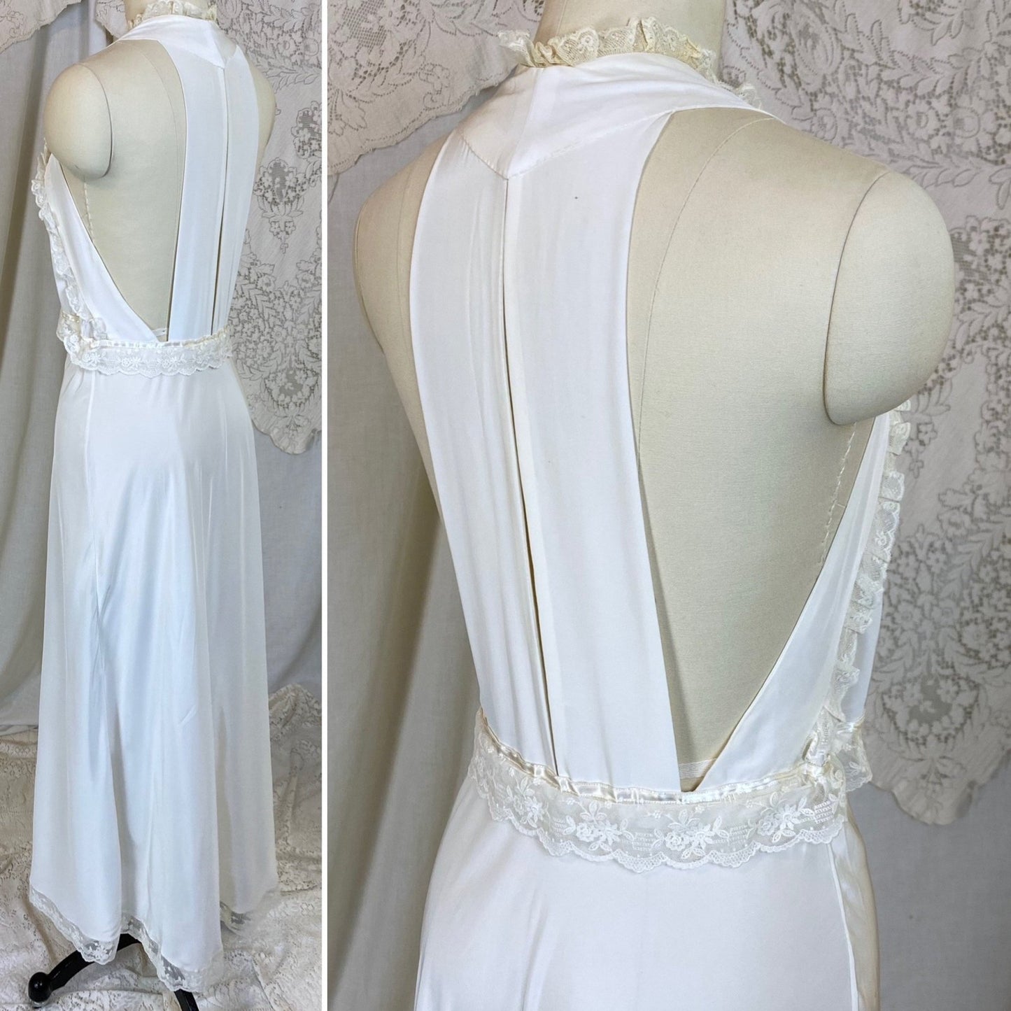 Vintage 1940's Nightgown | Hand Stitched Creamy White Rayon with Embroidered Tulle & Open Back | Size XS - Daggers & Dames