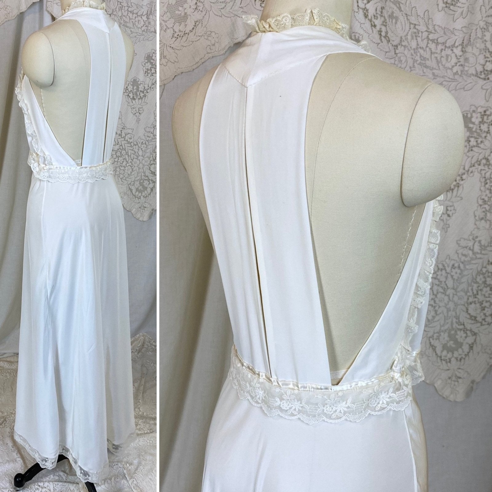 Vintage 1940's Nightgown | Hand Stitched Creamy White Rayon with Embroidered Tulle & Open Back | Size XS - Daggers & Dames