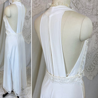 Vintage 1940's Nightgown | Hand Stitched Creamy White Rayon with Embroidered Tulle & Open Back | Size XS - Daggers & Dames